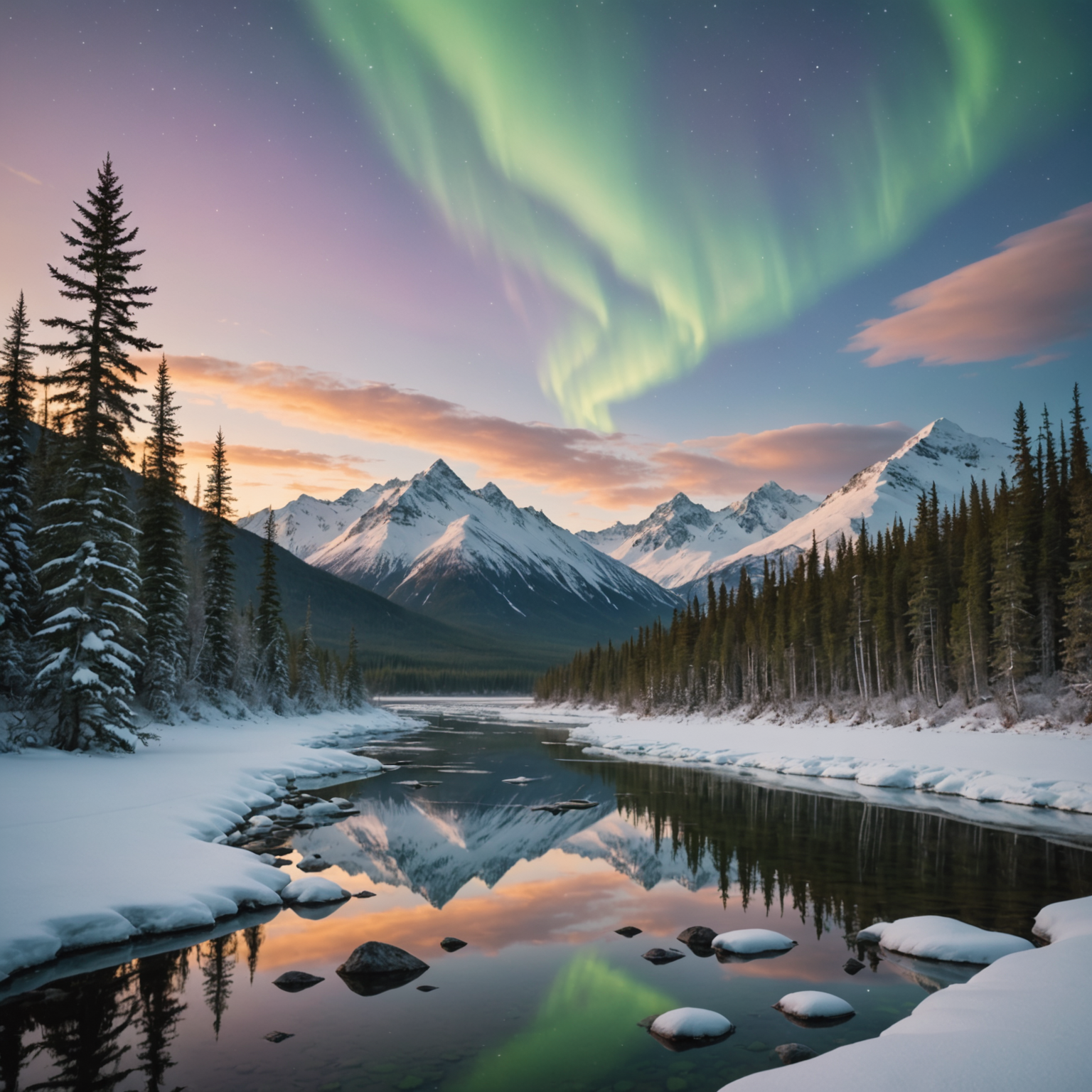 A group of packrafters guided by a tour leader, paddling through a serene Alaskan waterway