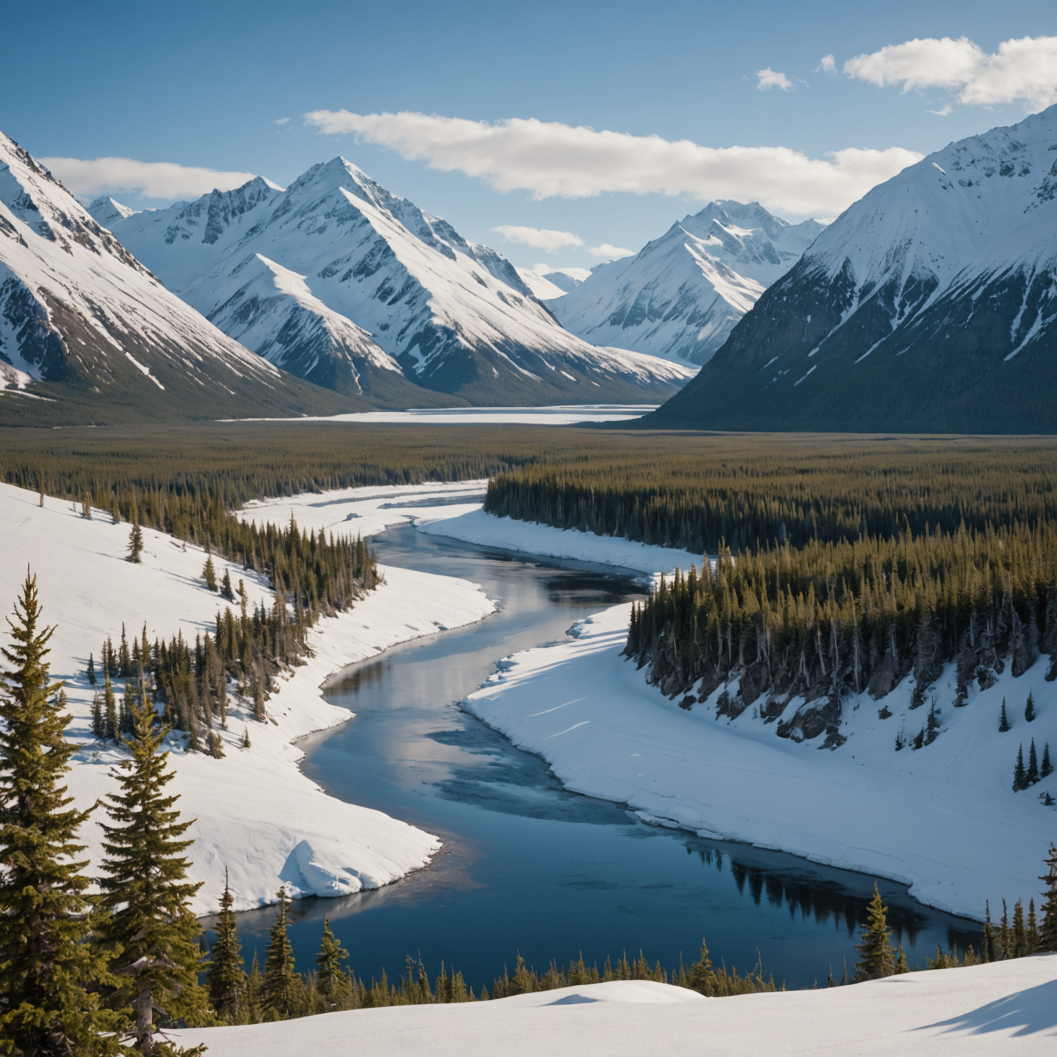 A cozy cabin interior with a steaming patriot mug by the window, overlooking a snow-covered Alaskan landscape.
