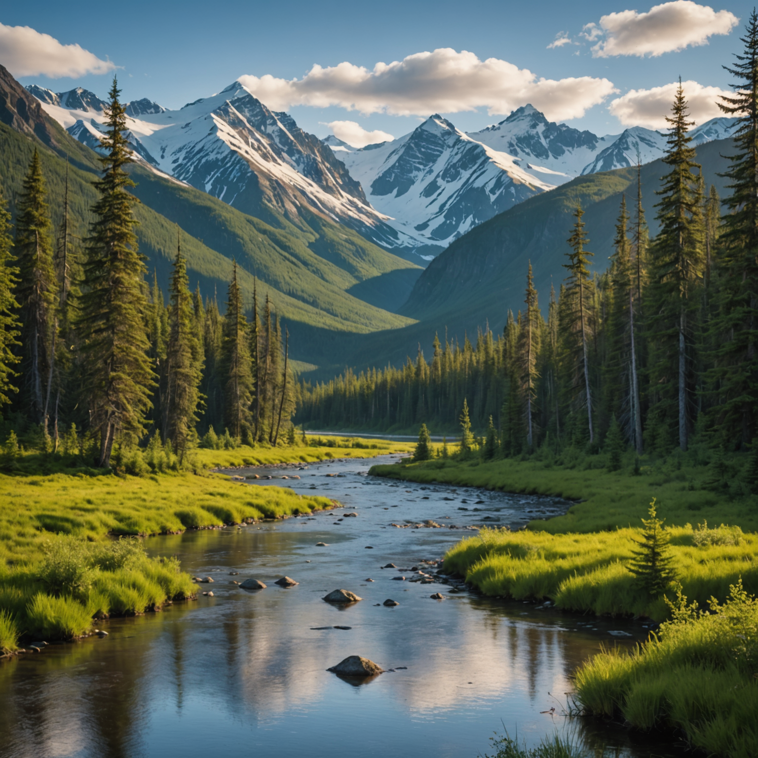 A scenic view of the Resurrection River with snow-capped mountains in the background