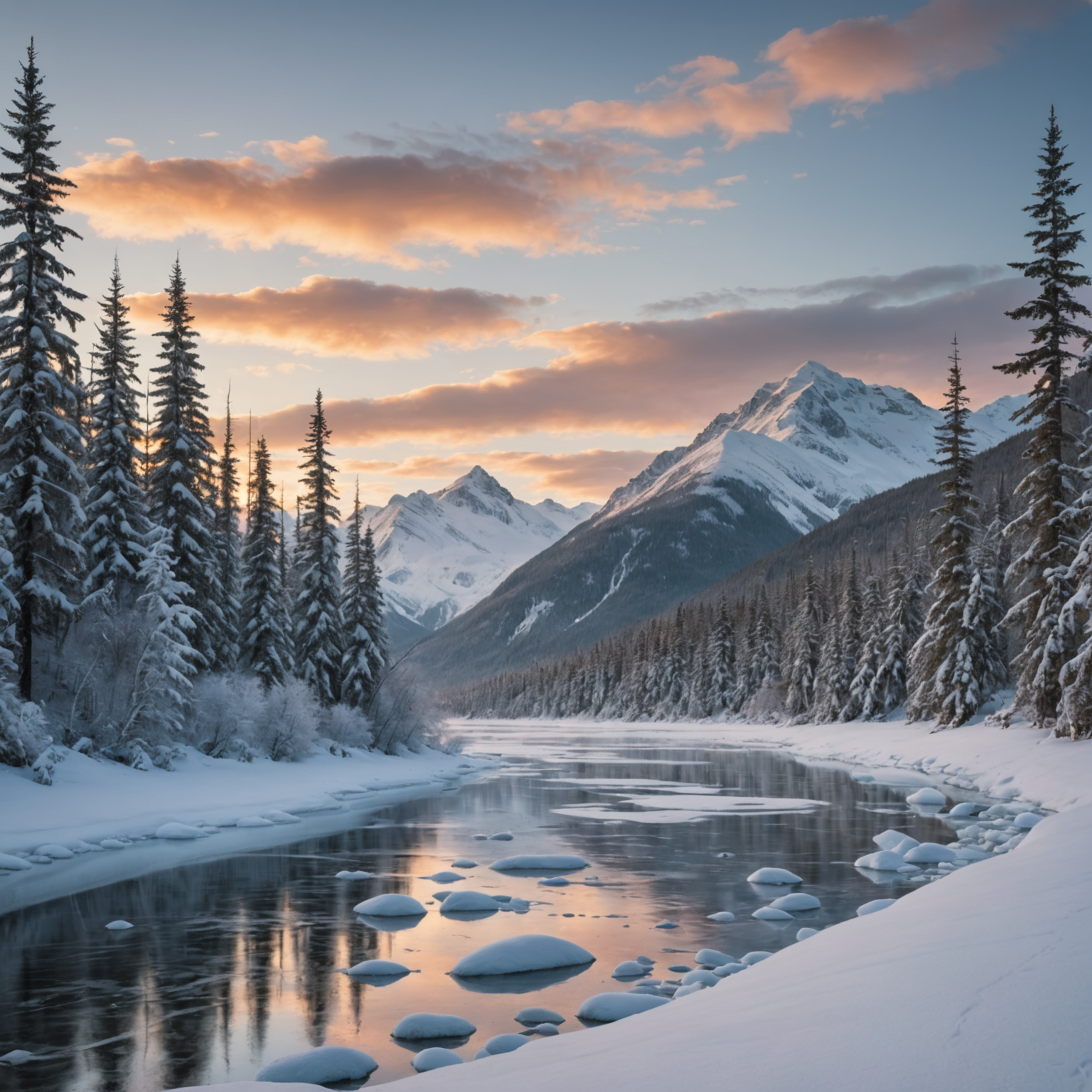 A serene winter landscape along the Seward to Kenai drive, with snow-covered trees and a frozen river.
