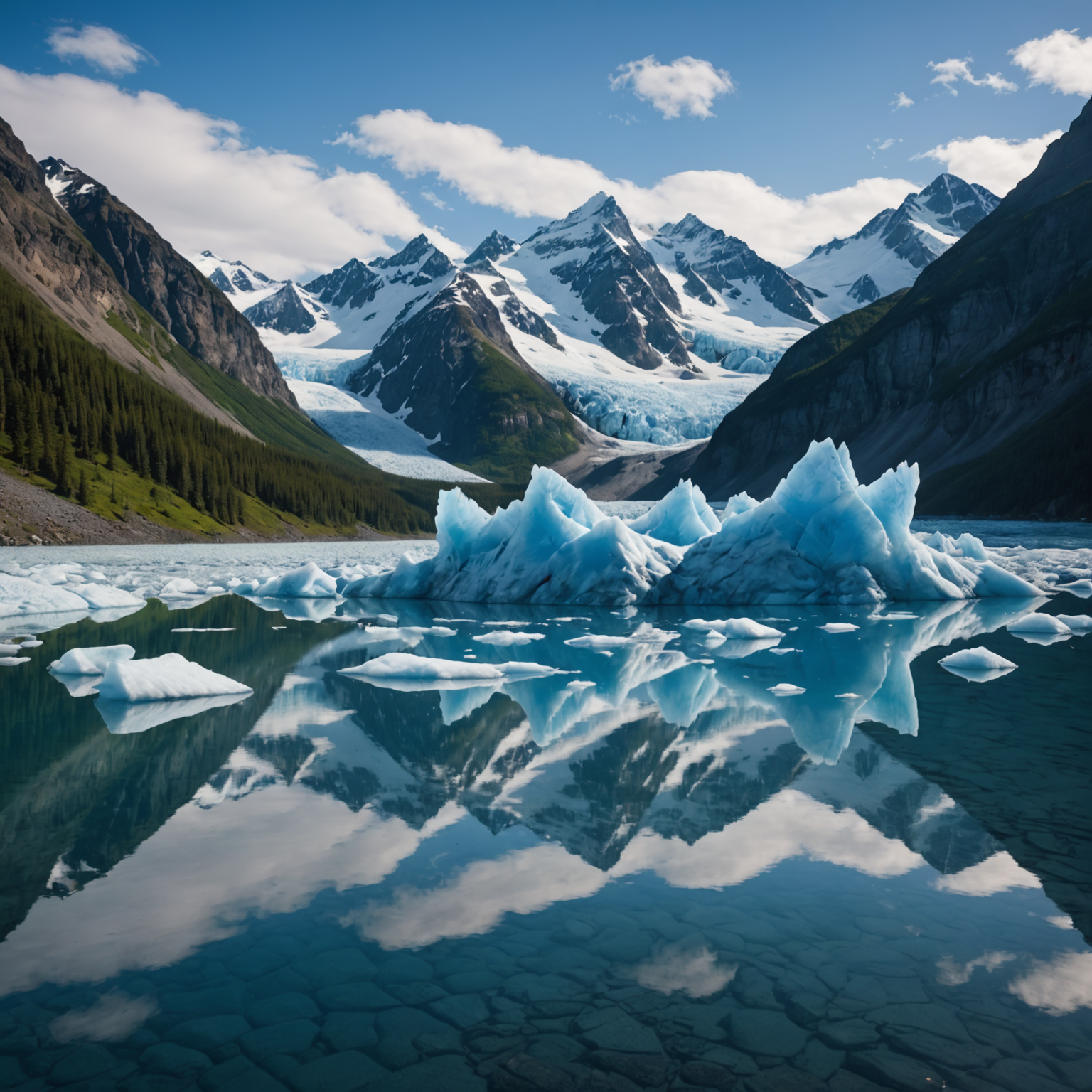 A majestic glacier with vibrant blue ice formations, surrounded by rugged mountains and serene waters.