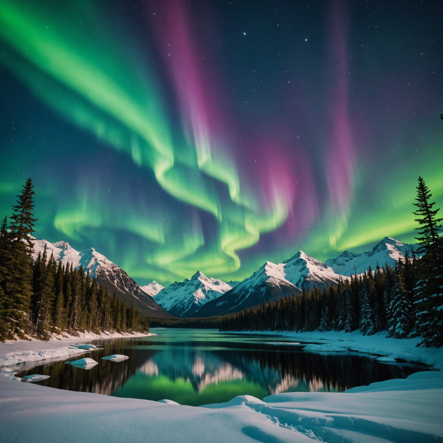 Aurora Borealis above a snow-covered landscape in Fairbanks