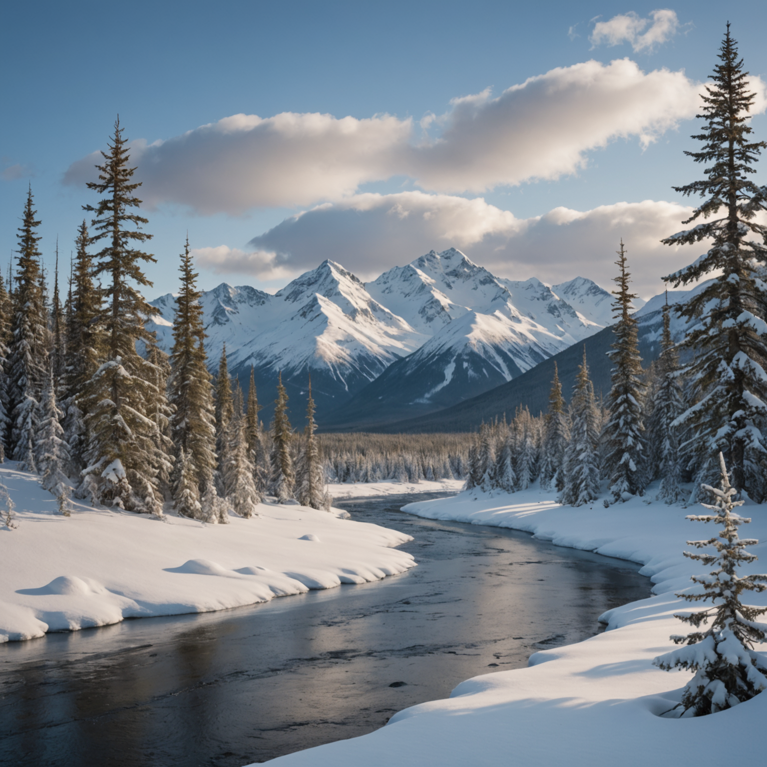 A group of snowmobilers riding through a snowy Alaskan forest, with towering trees and distant mountains.