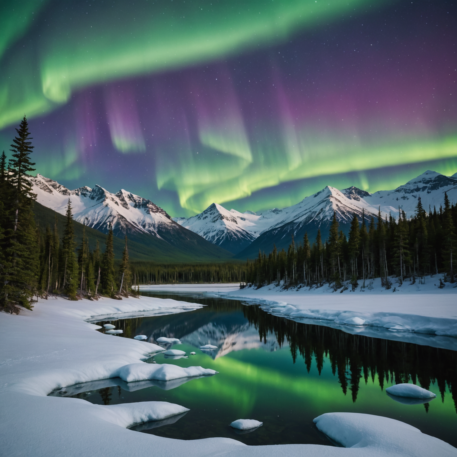 A group of snowmobilers pausing on a hilltop to watch the Northern Lights