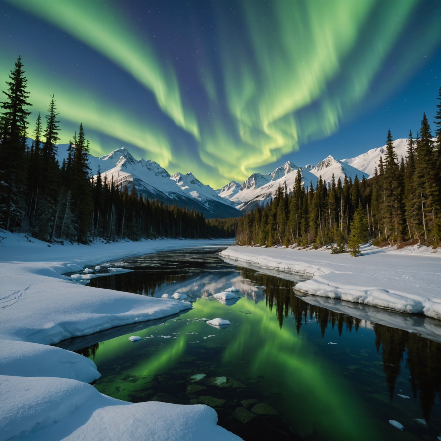 Northern Lights over a snowmobile trail