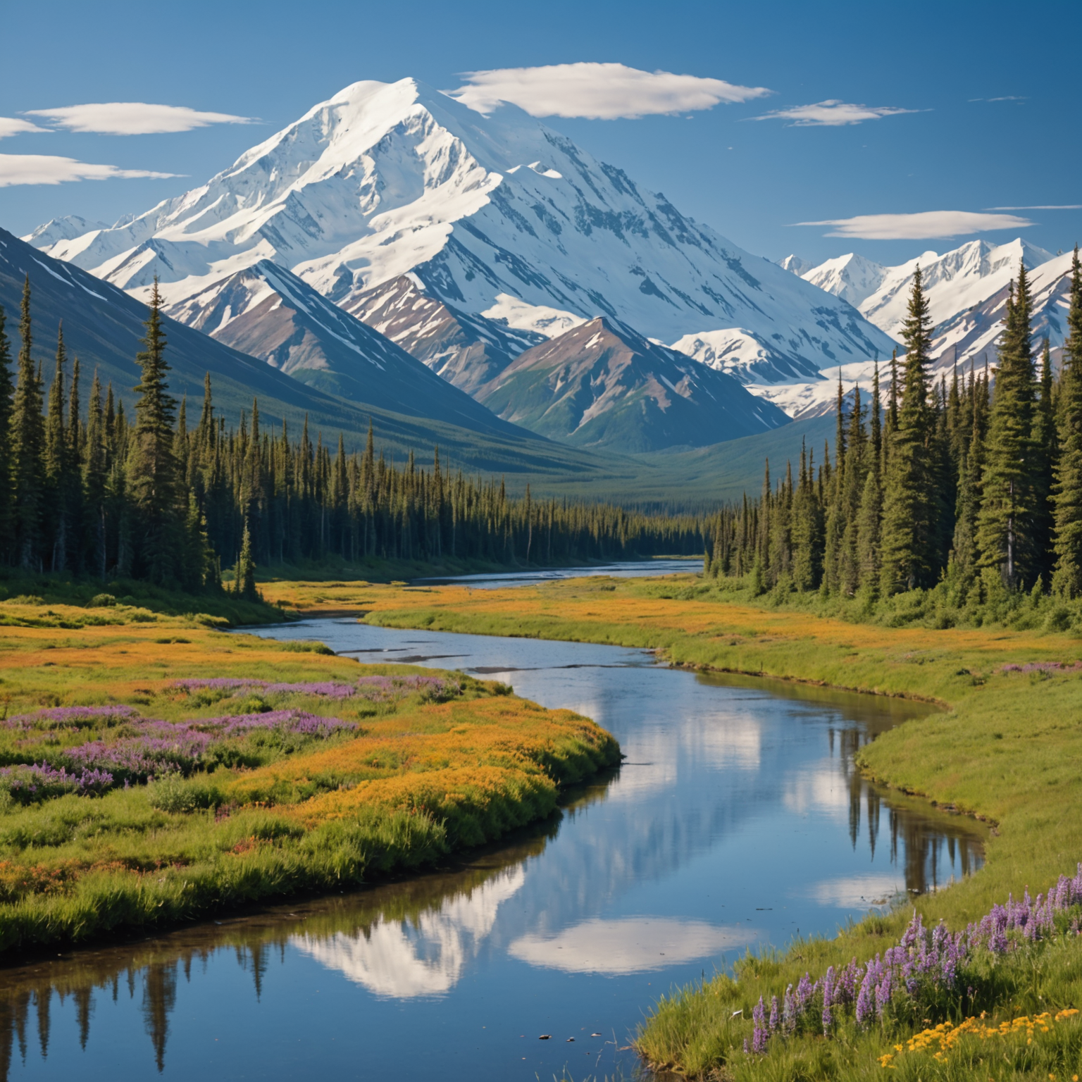 A panoramic view of Denali National Park with Denali mountain in the background, showcasing the pristine wilderness of Alaska.