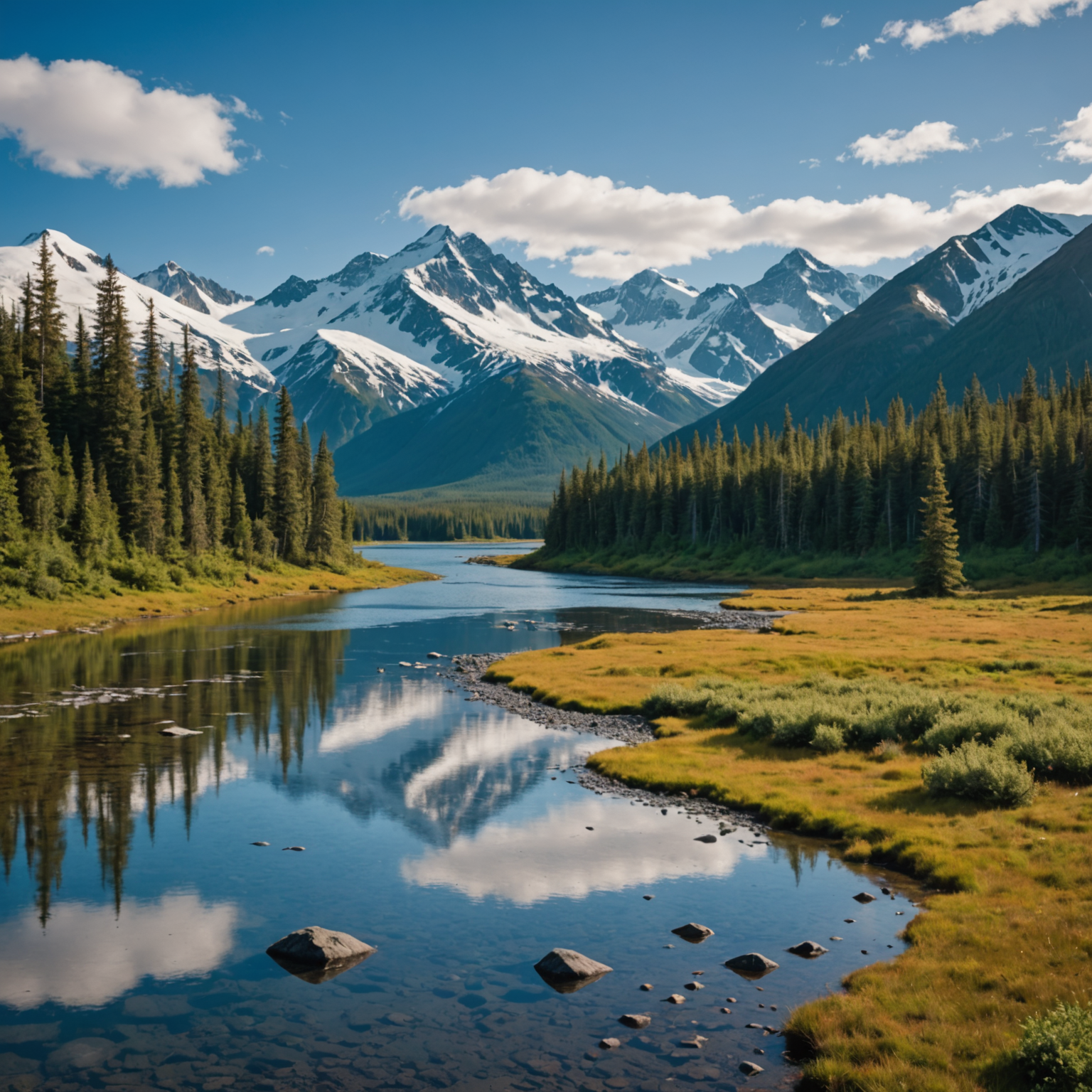 A group of kayakers paddling through the serene waters of Twenty Mile River, surrounded by lush greenery and towering mountains.