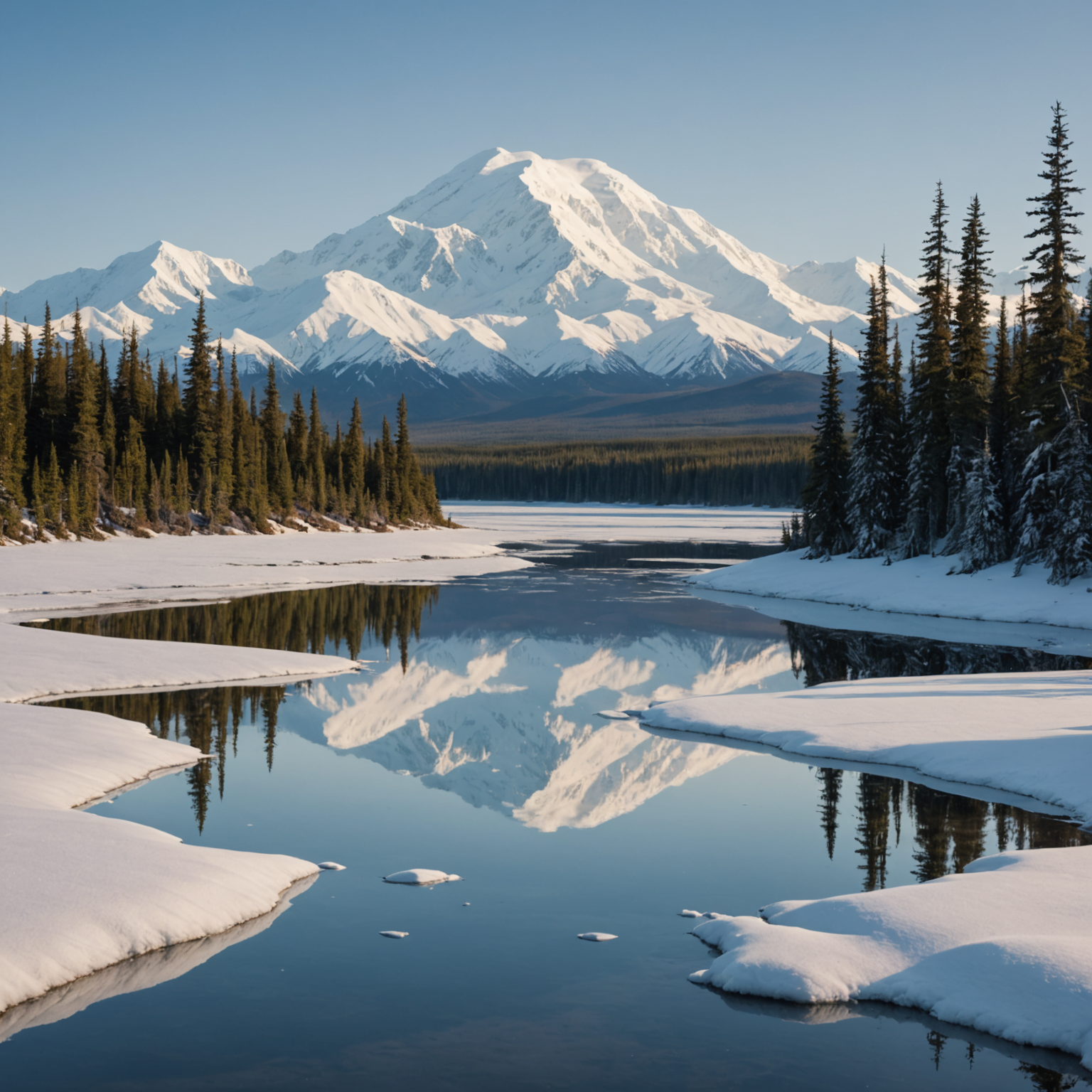 A group of snowmobilers riding through a snow-covered forest in Talkeetna, Alaska, with Denali visible in the distance.