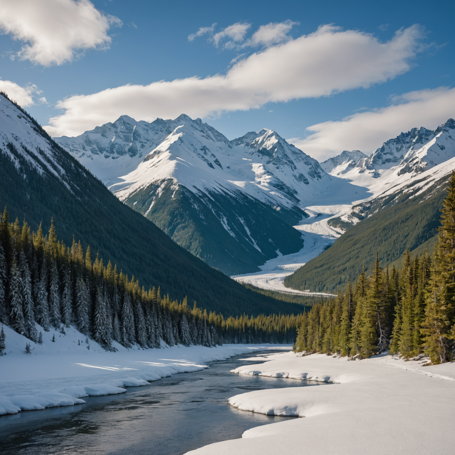 A team of sled dogs pulling a sled through a snowy Alaskan landscape