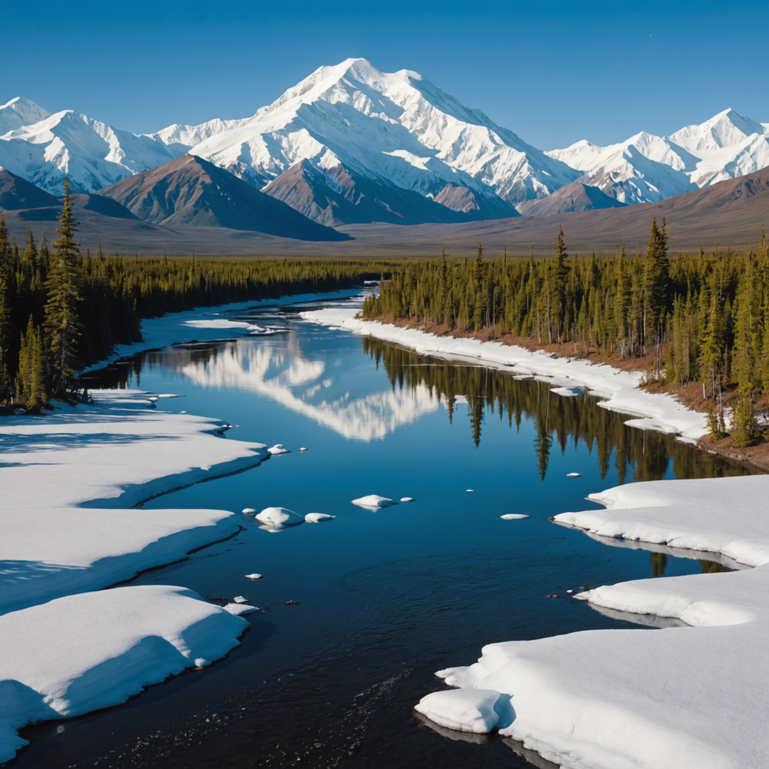 A majestic view of Denali Mountain with a clear blue sky