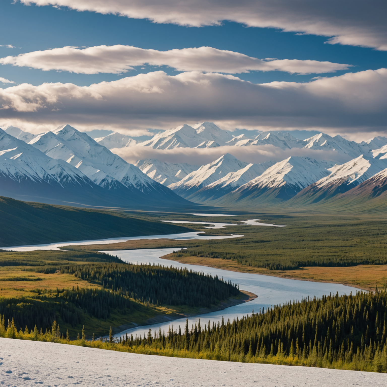 A panoramic view of Denali National Park showcasing its majestic mountains and vast wilderness.
