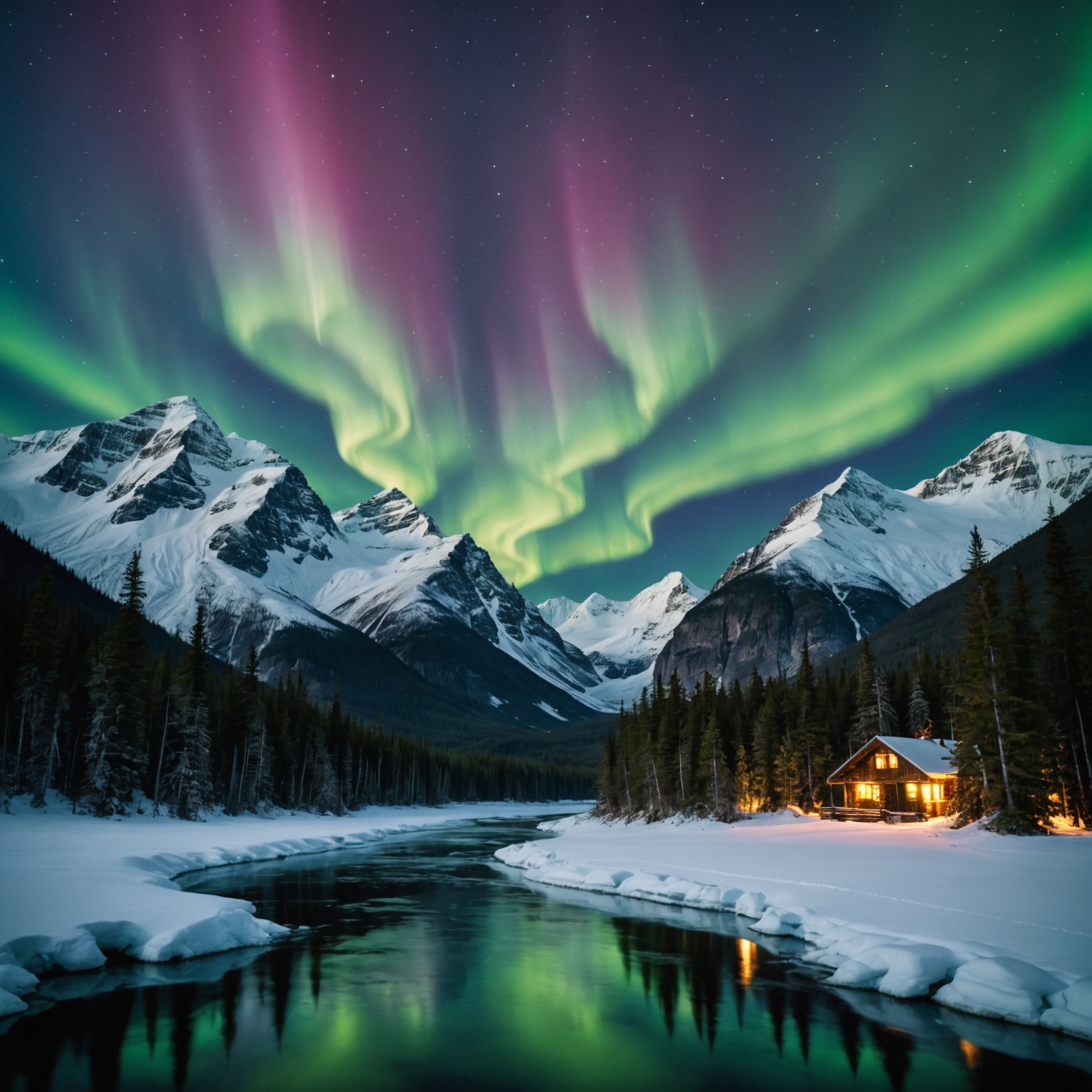 Snowmobilers riding through a snow-covered landscape with the Northern Lights in the sky.