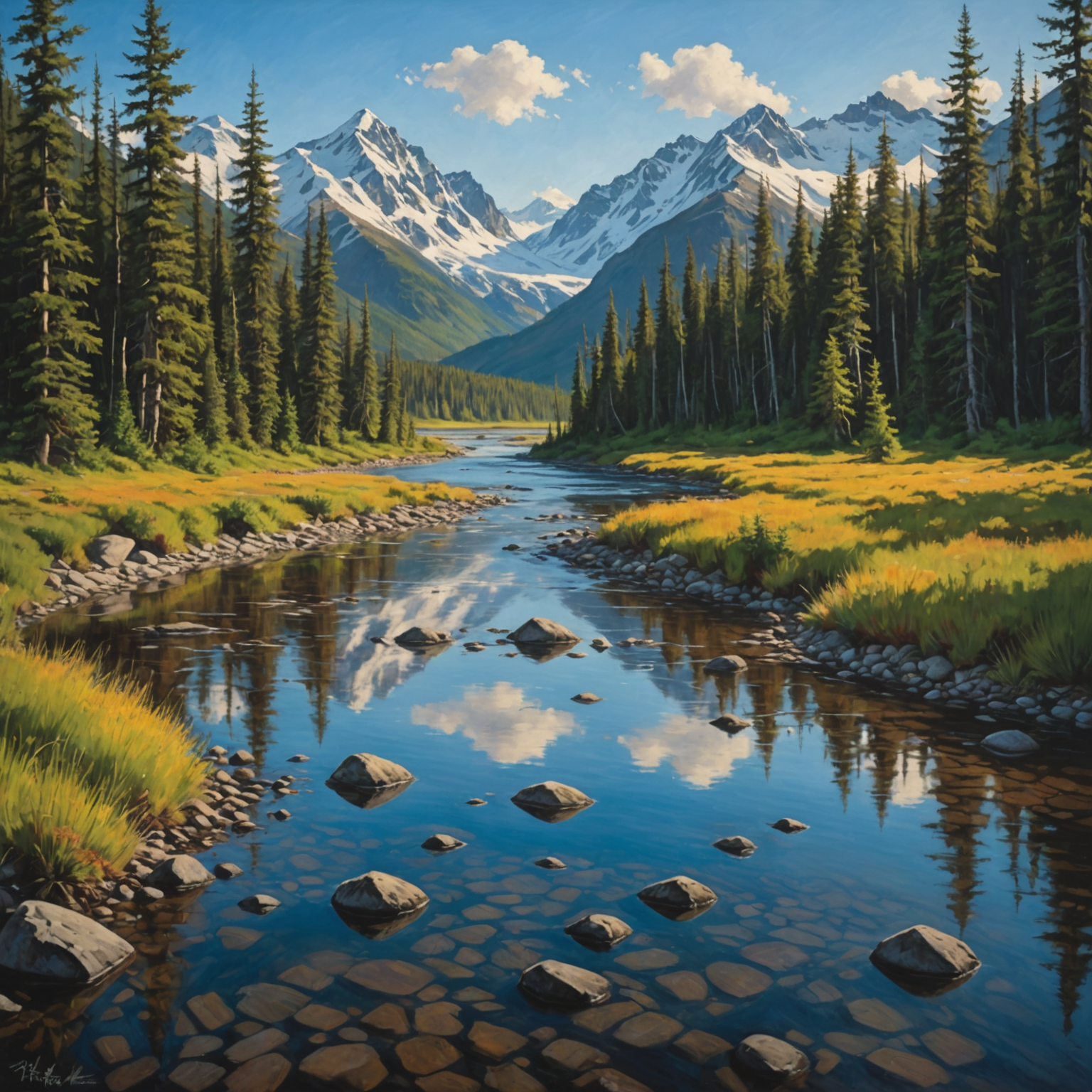 A breathtaking view of Alaska's snow-capped mountains with a clear blue sky, illustrating the vastness of the terrain available for a back country safari.