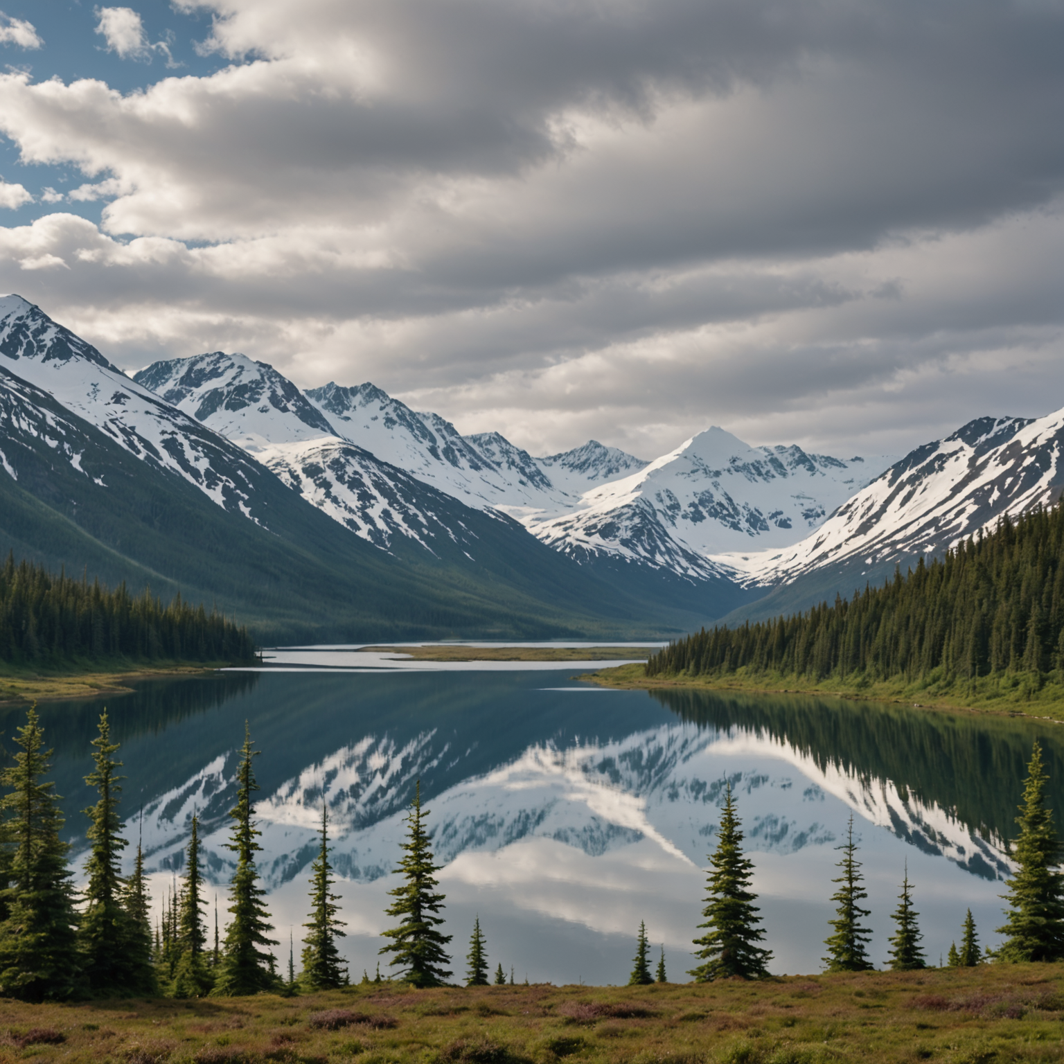 Aerial view of Lake Clark with bears near the shoreline