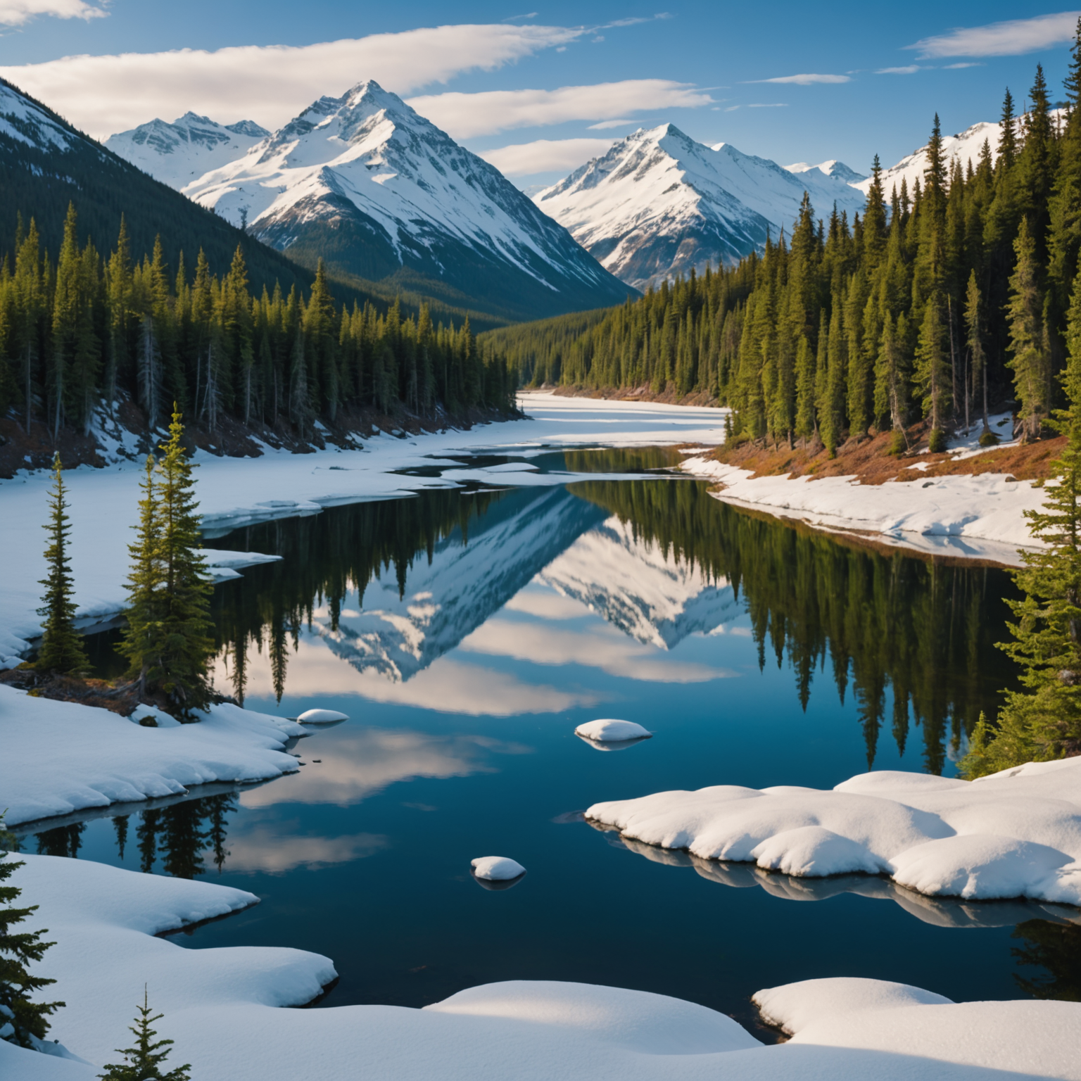 A group of huskies pulling a sled through the snowy Alaskan landscape, with a vibrant aurora in the background.