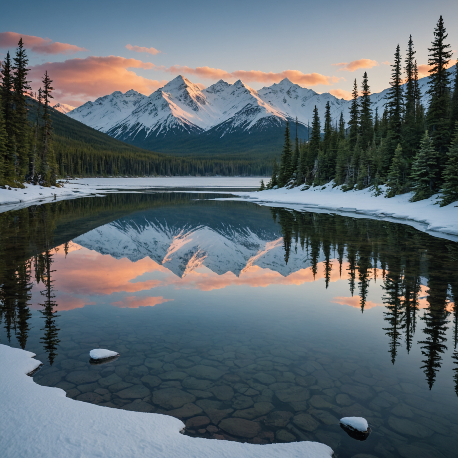 A cozy interior of an Alaskan cabin with a fireplace, comfortable furnishings, and large windows offering a view of the snowy landscape.