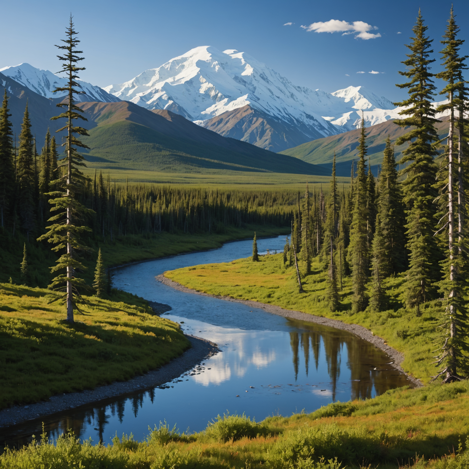 A family hiking on a lush trail with a view of Denali in the distance, under a clear blue sky.