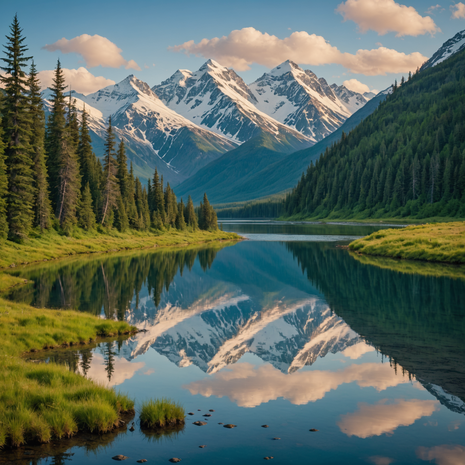 An angler successfully landing a king salmon in an Alaskan river.