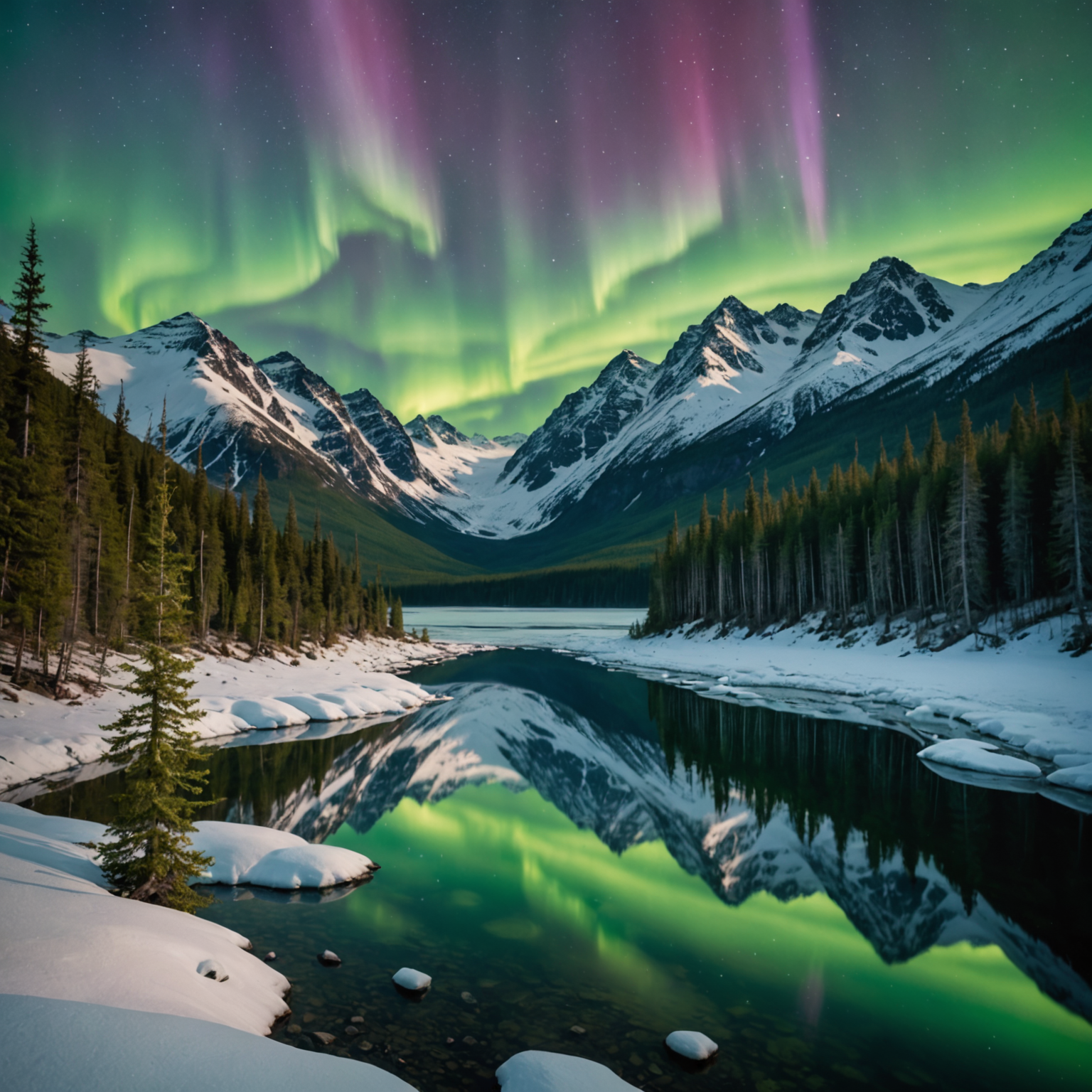 An angler casting a line in a remote Alaskan river with a backdrop of snow-capped mountains