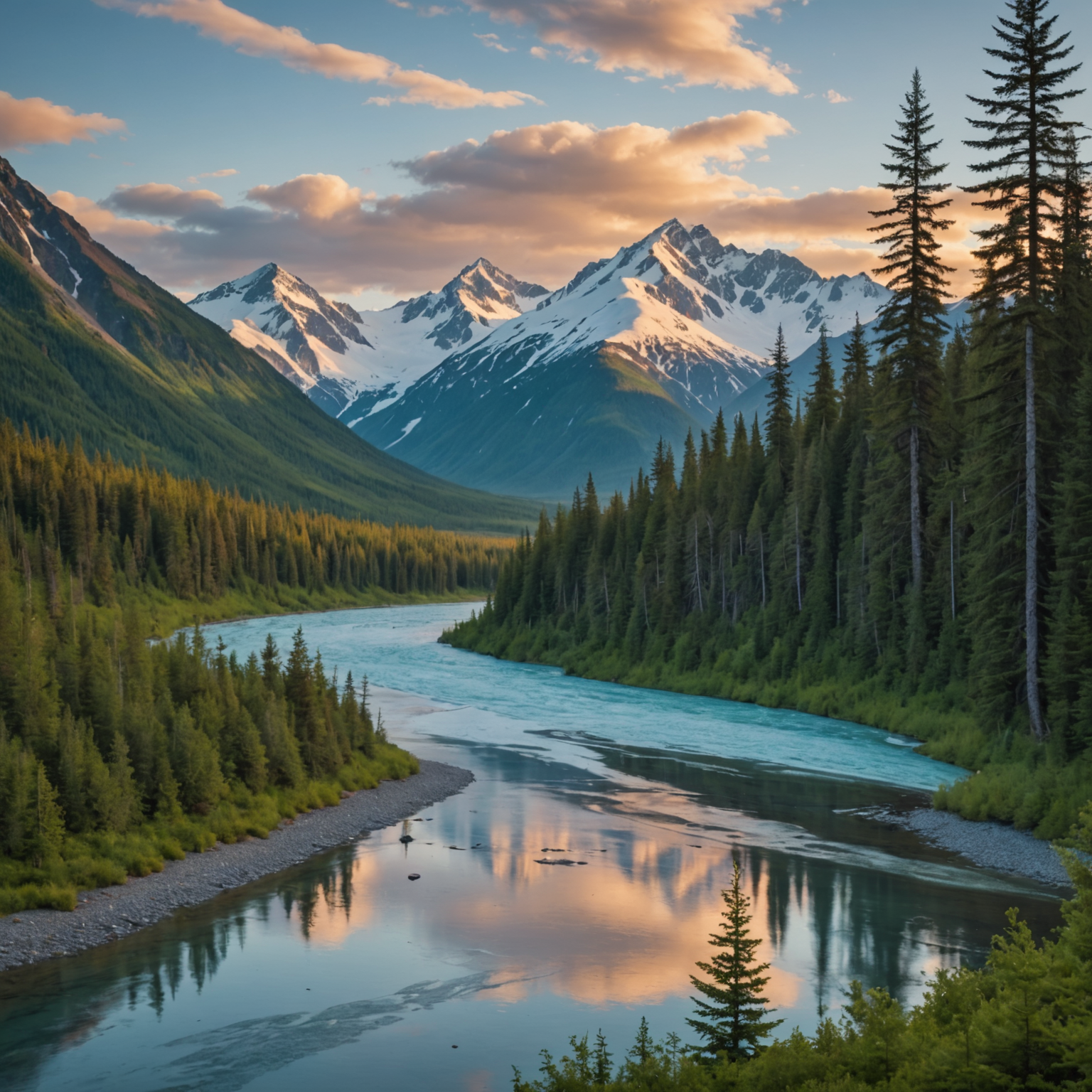 A picturesque view of the Kenai River with people fishing and kayaking.
