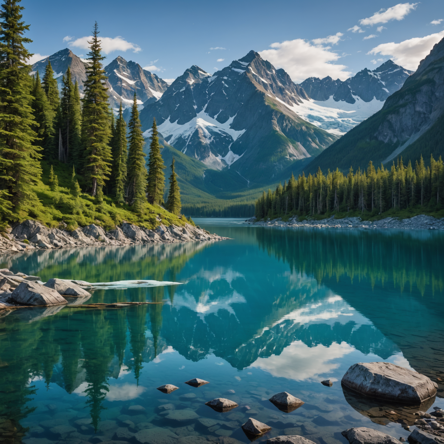 A kayak gliding through the vibrant blue glacial waters with a backdrop of rugged mountains and ice formations.