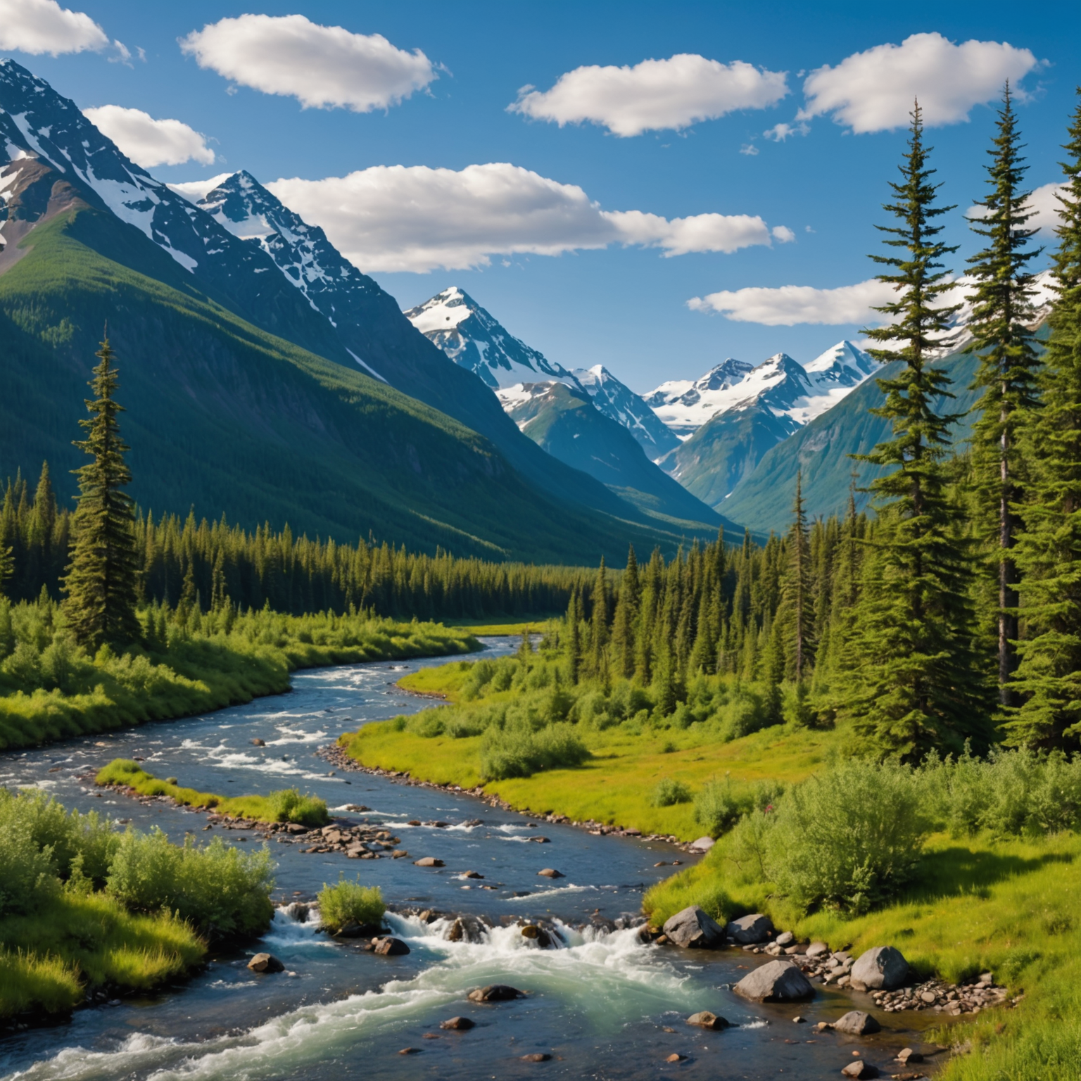 A panoramic view of the Alaskan wilderness, showcasing snow-capped mountains and lush green forests under a clear blue sky.
