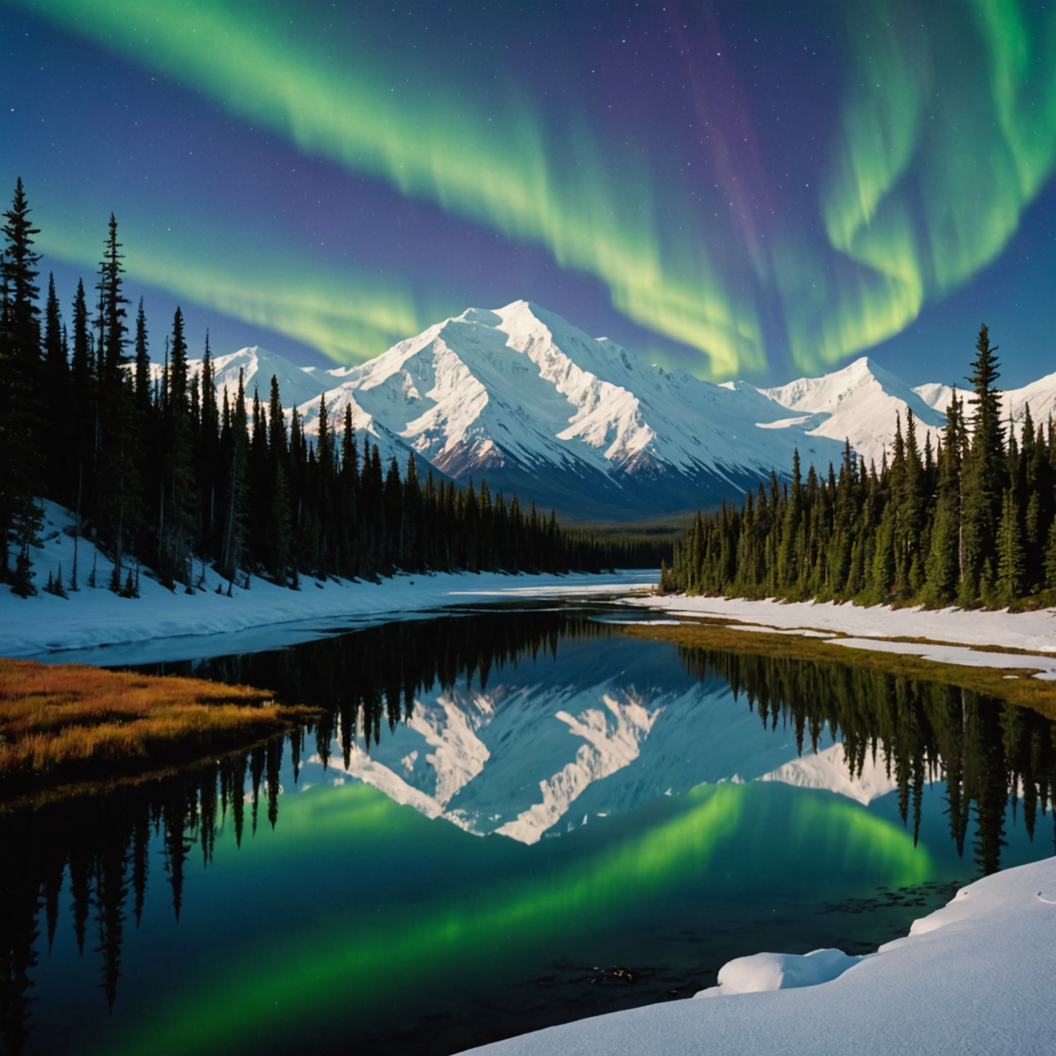 A panoramic view of Denali's snowy peaks.