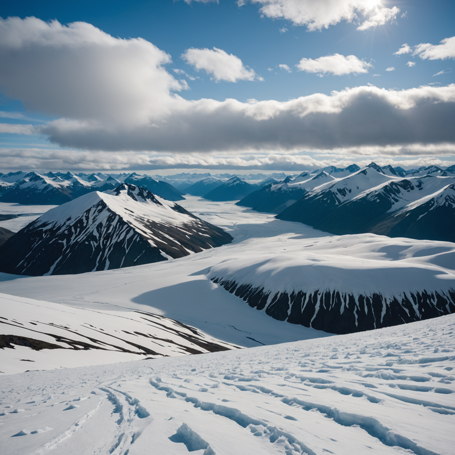 A stunning view of the Harding Icefield from the trail summit, showcasing the vast ice expanse and surrounding mountains.