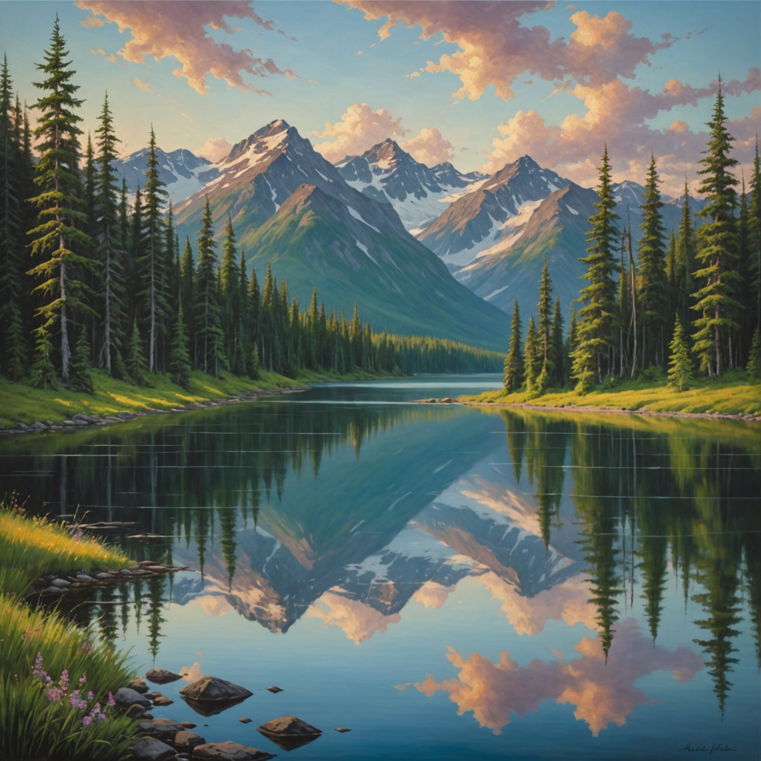 A serene view of Lost Lake surrounded by lush greenery and distant mountain peaks.