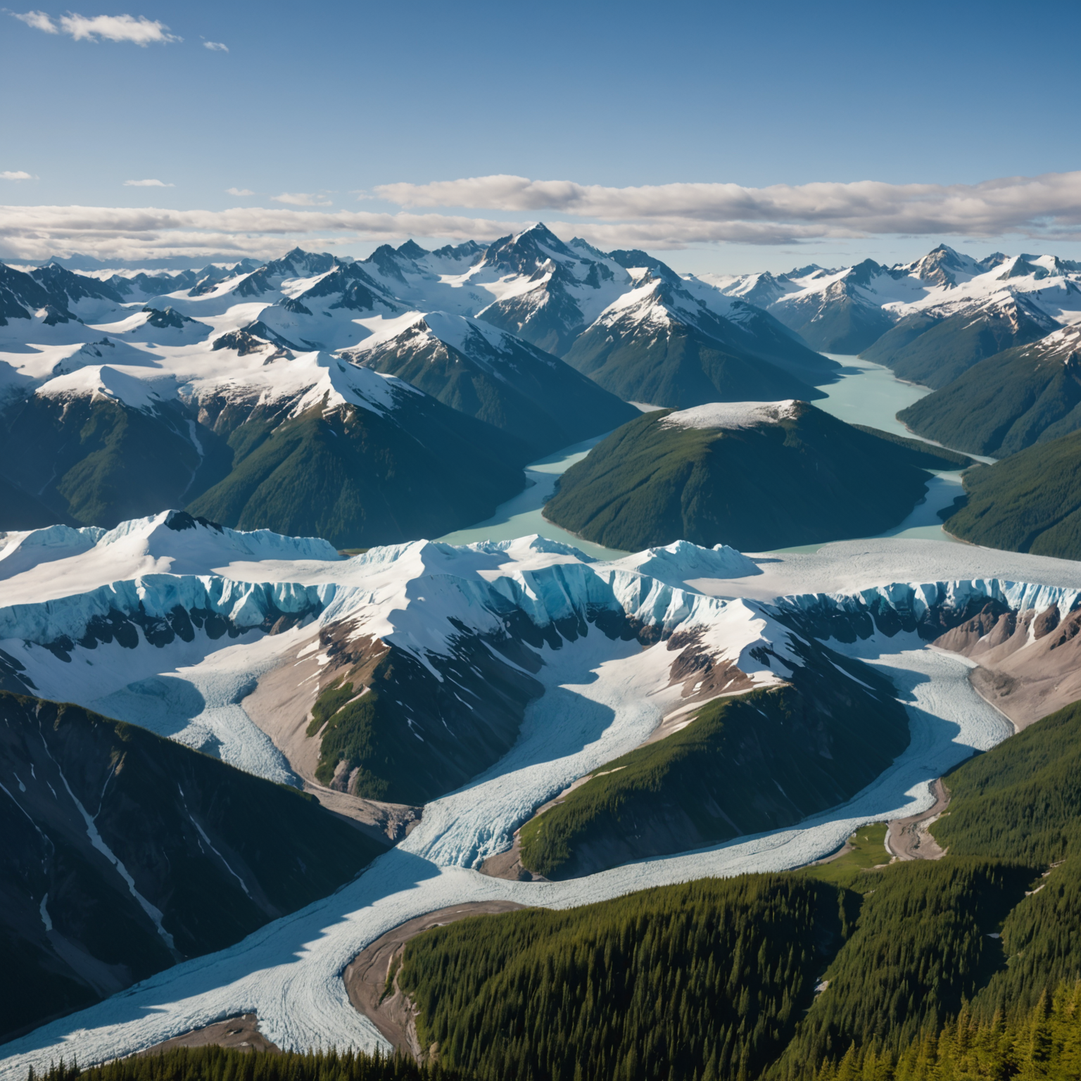 Aerial view of a glacier with rugged mountain peaks in the background