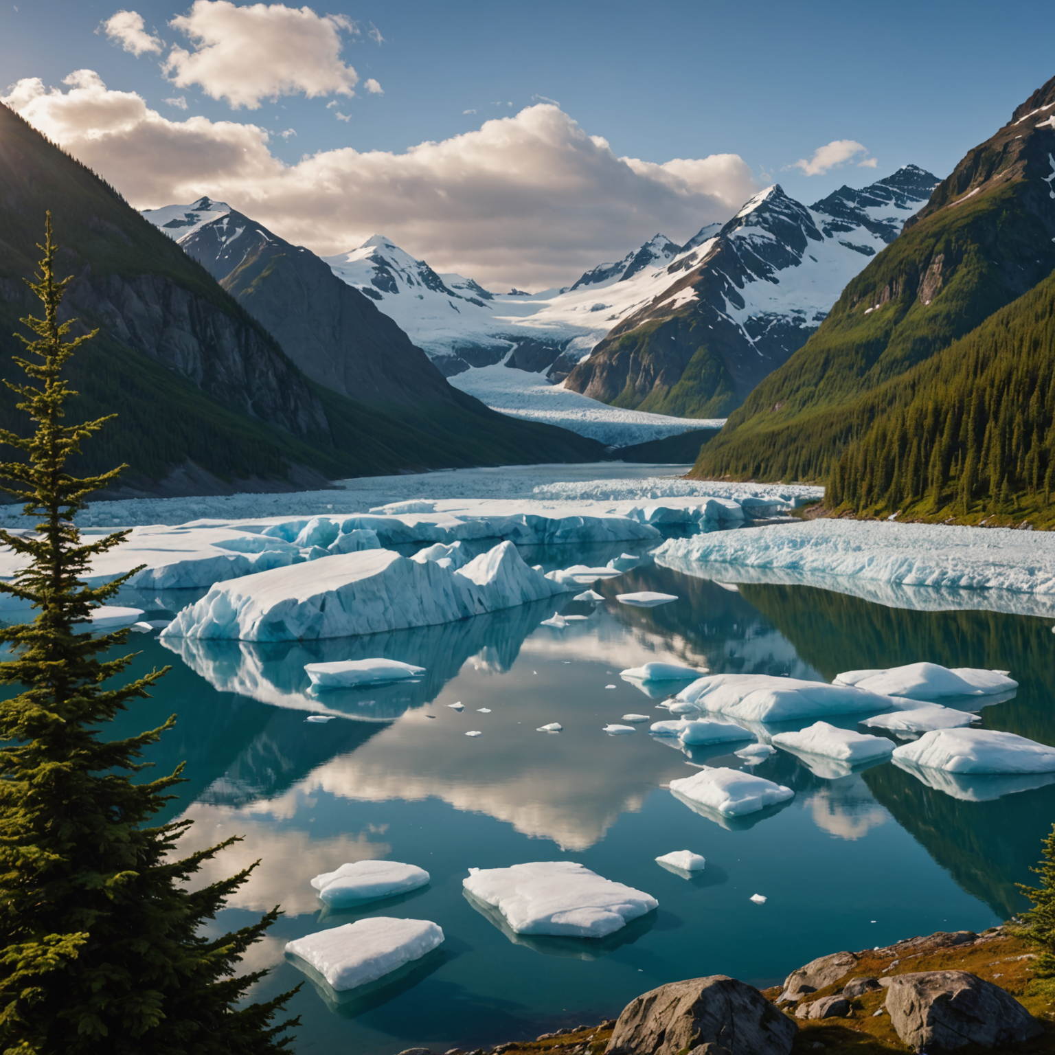 A view of Grewingk Glacier with icebergs floating in the lake