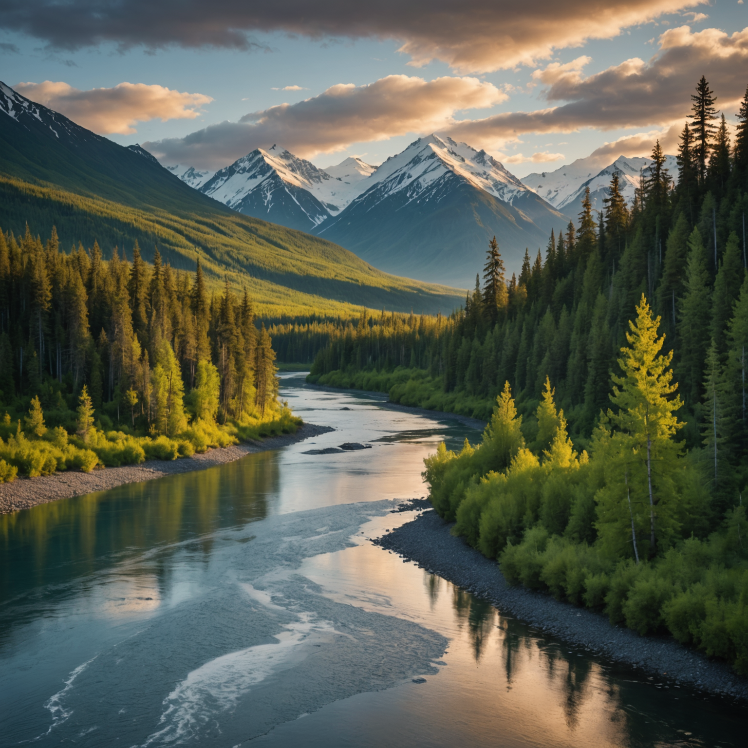 A tranquil section of the Kenai River surrounded by lush greenery and distant mountains.