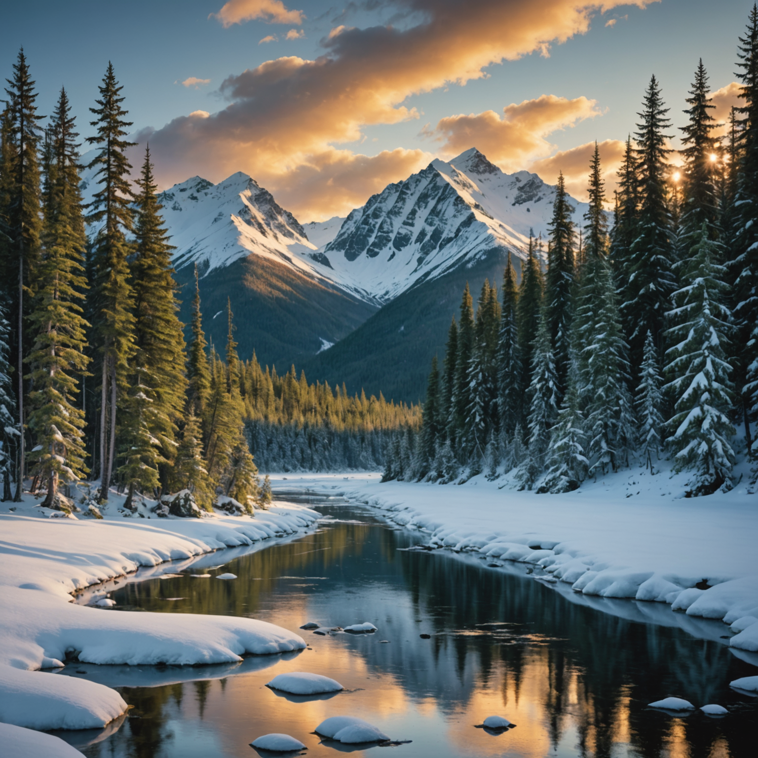 A group of travelers in a raft navigating the Kenai River with snow-capped mountains in the background.
