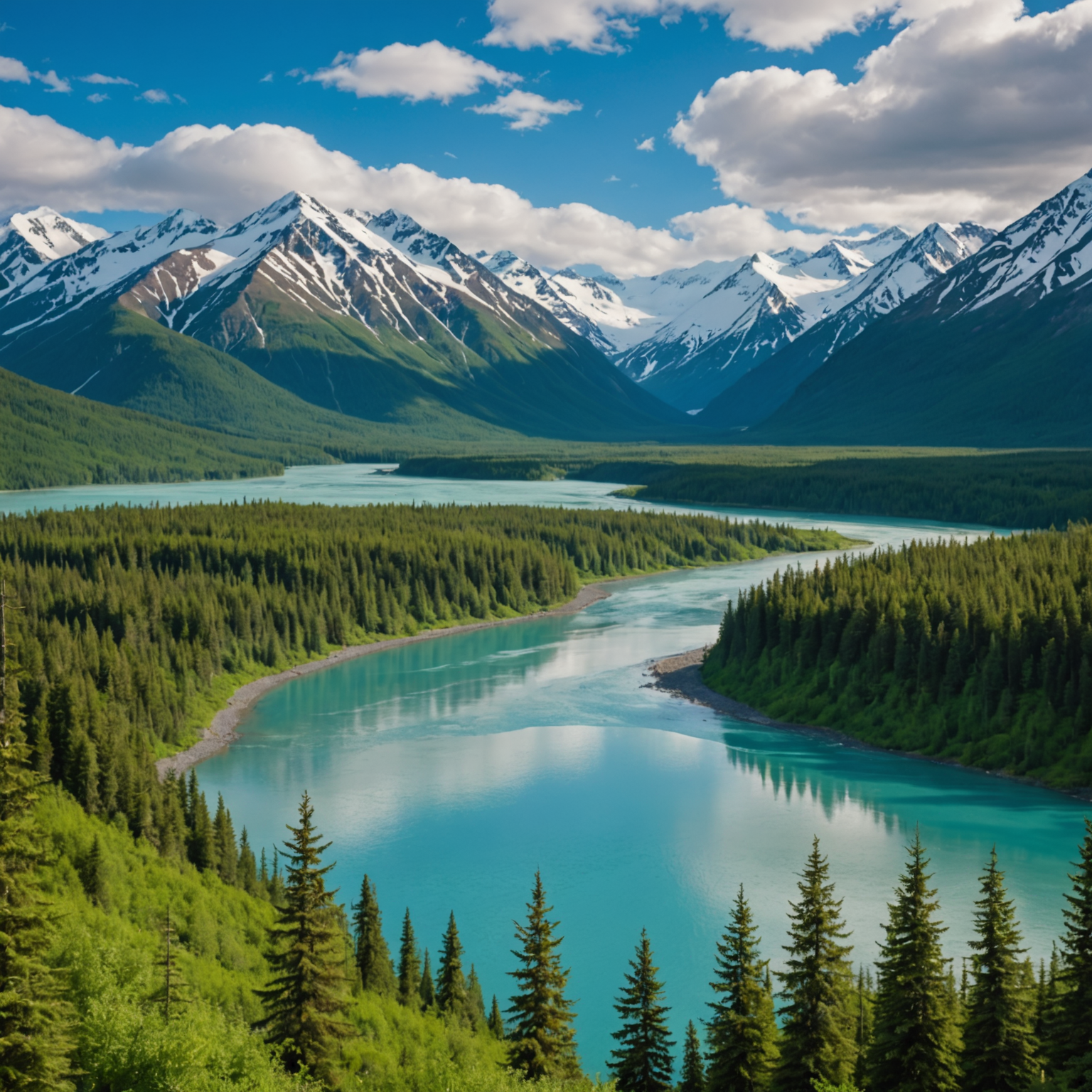 A breathtaking view of the Kenai River's turquoise waters and surrounding mountains.