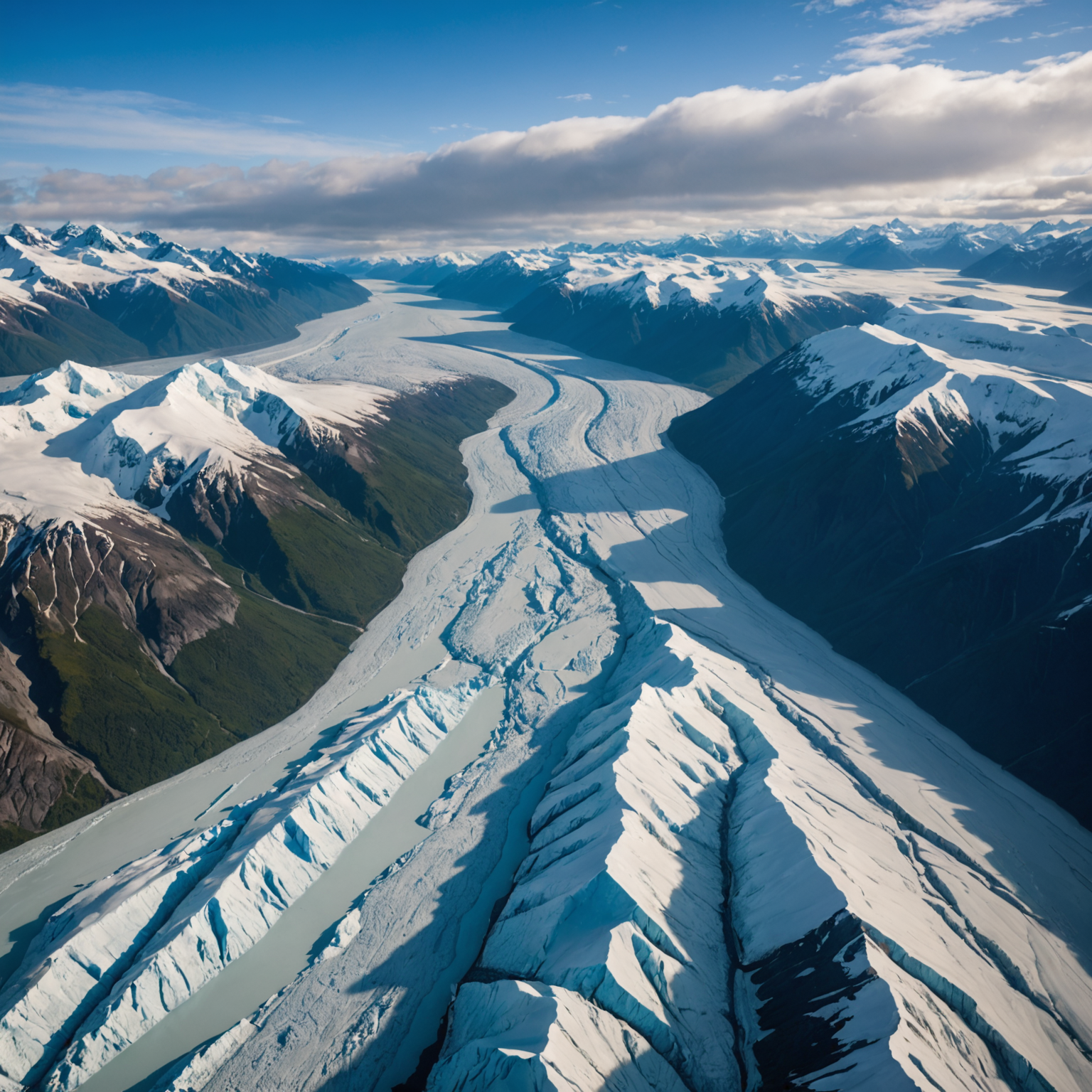 Aerial view of Knik Glacier showcasing its expansive ice fields and surrounding mountains
