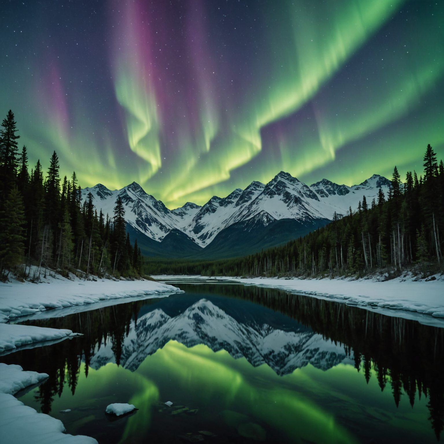 Snowmobiles traversing a snow-covered Alaskan landscape under the northern lights.