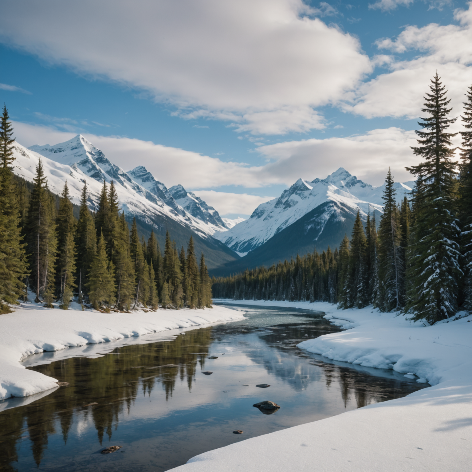 A serene cabin nestled in the Alaskan wilderness, surrounded by snow-capped mountains and dense forest.
