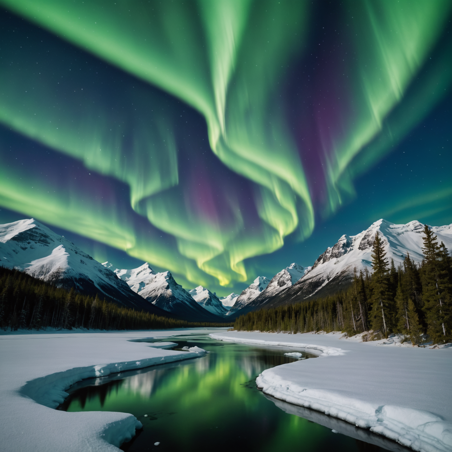 Northern lights dancing across the Alaskan sky with snow-covered mountains in the foreground