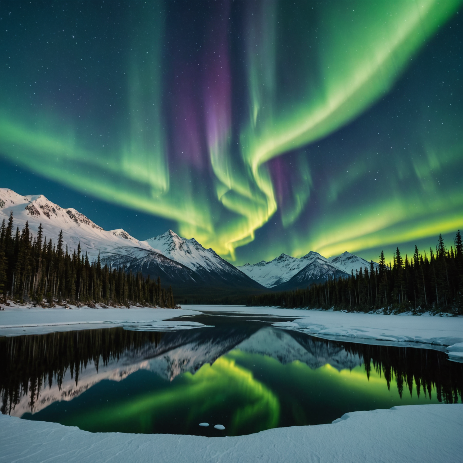 A panoramic view of the Alaskan wilderness with a grizzly bear in the foreground.