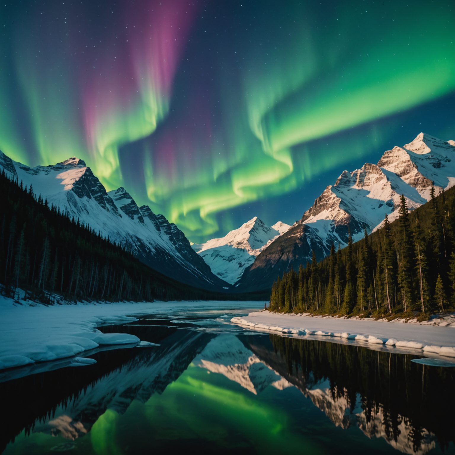 Family snowmobiling through a snow-covered Alaskan landscape, surrounded by mountains.